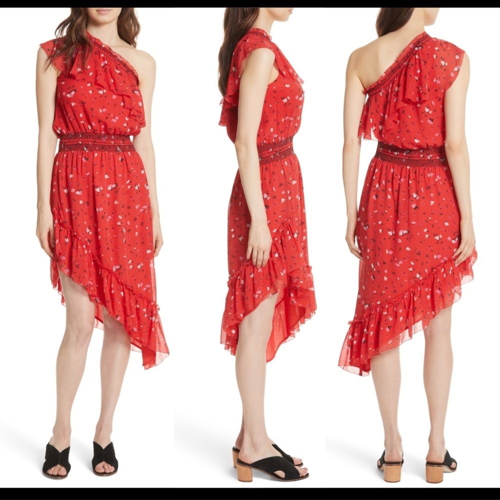 NWT $398 Joie Hafsa One Shoulder Silk Dress in Matador‎ Red [SZ Small ]